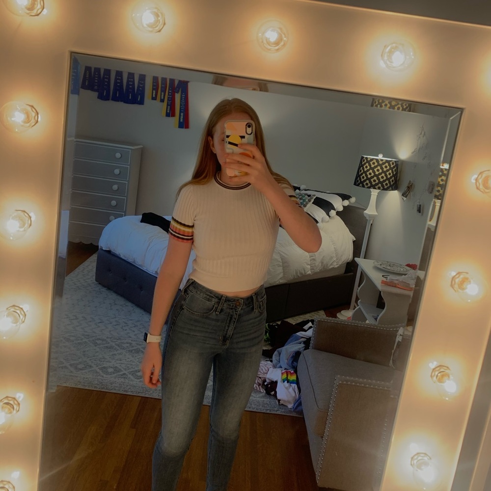 White ribbed tee w/ pink, green, + yellow stripes